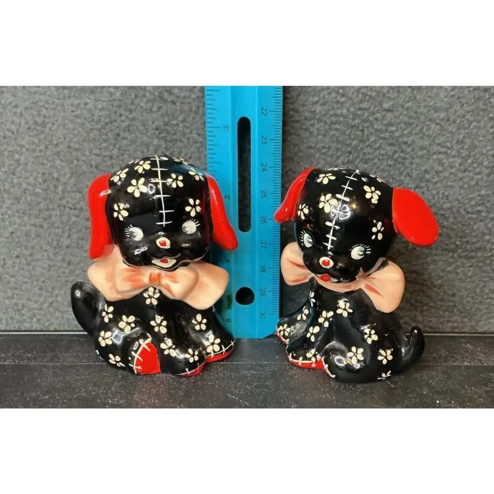 Vintage Precious Lefton Black Calico Puppy Salt & Pepper Shakers